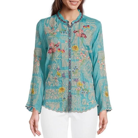 Johnny Was Allbee Blouse Marine Blue Long Shirt Flower Embroidery Top Large NEW - Picture 2 of 8